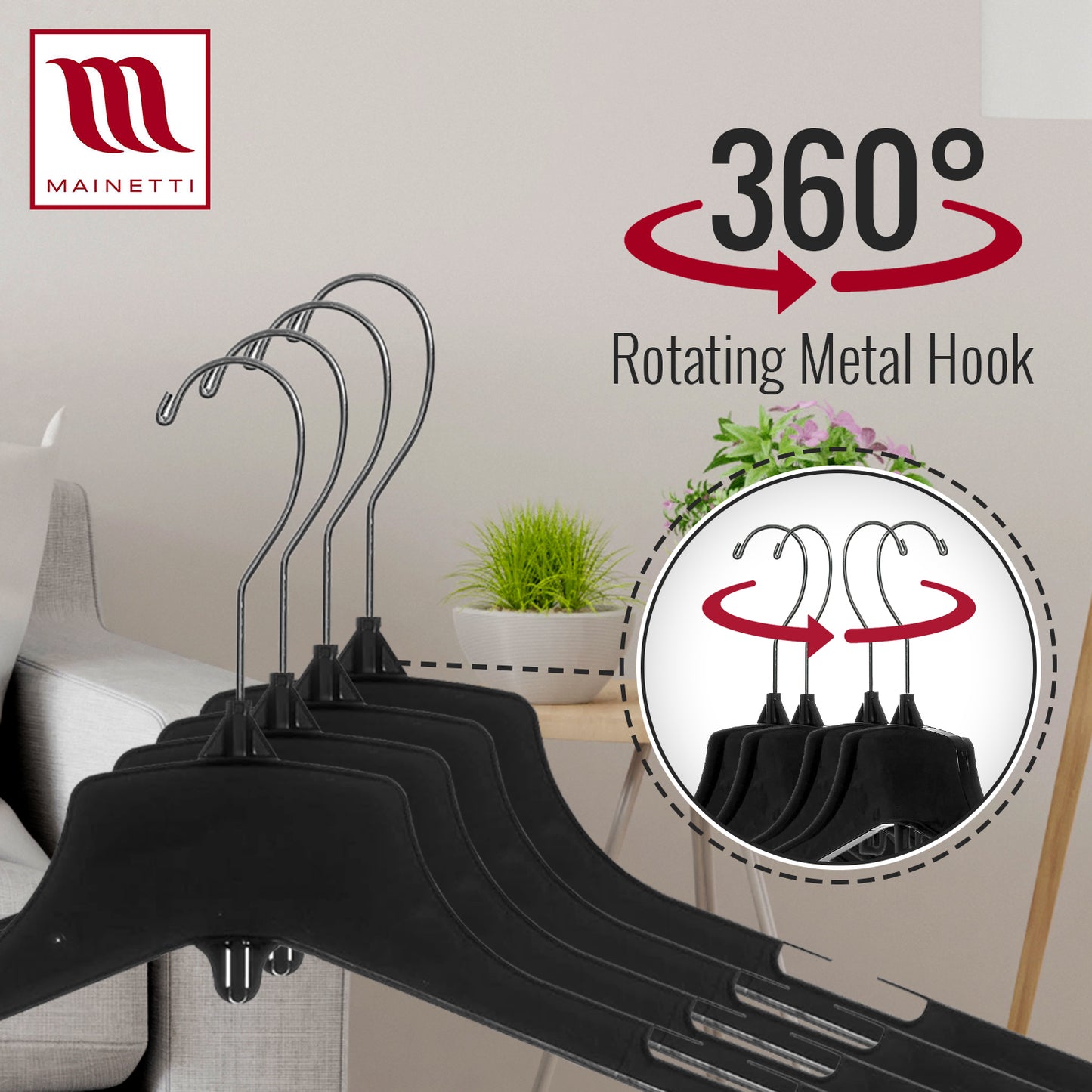 17" Heavy Duty Black Plastic, Jacket Coat Outerwear Hangers, with long turnable metal hook (Mainetti 3329)