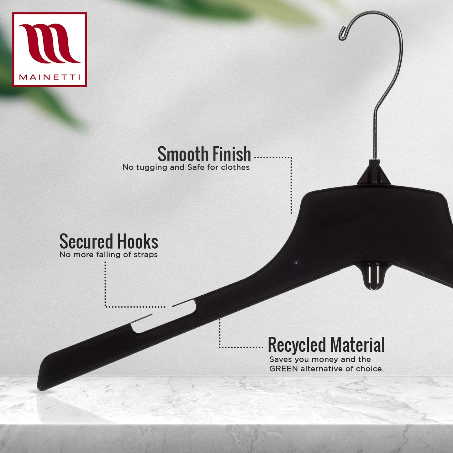 17" Heavy Duty Black Plastic, Jacket Coat Outerwear Hangers, with long turnable metal hook (Mainetti 3329)