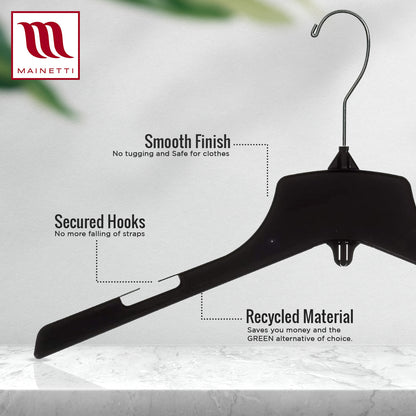 17" Heavy Duty Black Plastic, Jacket Coat Outerwear Hangers, with long turnable metal hook (Mainetti 3329)