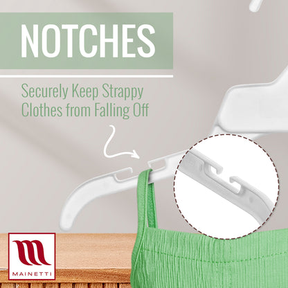 15" White All Plastic Shirt Top Dress Hangers With Notches For Straps (Mainetti 472)