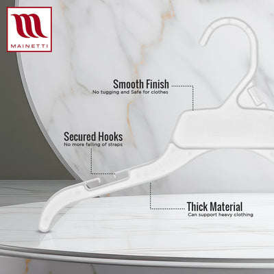 Mainetti 472, 15" White all Plastic, Shirt Top Dress Hangers, with notches for straps
