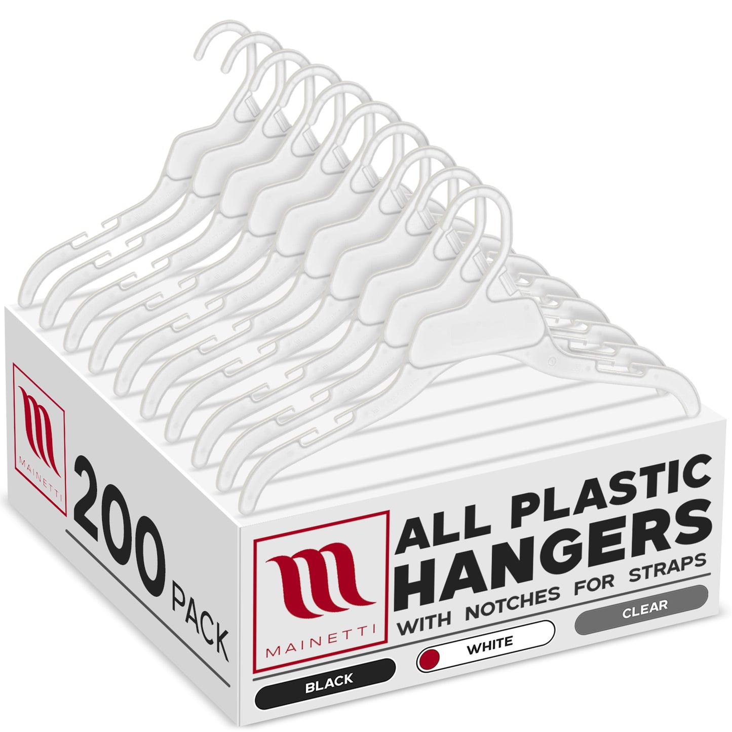 15" White All Plastic Shirt Top Dress Hangers With Notches For Straps (Mainetti 472)