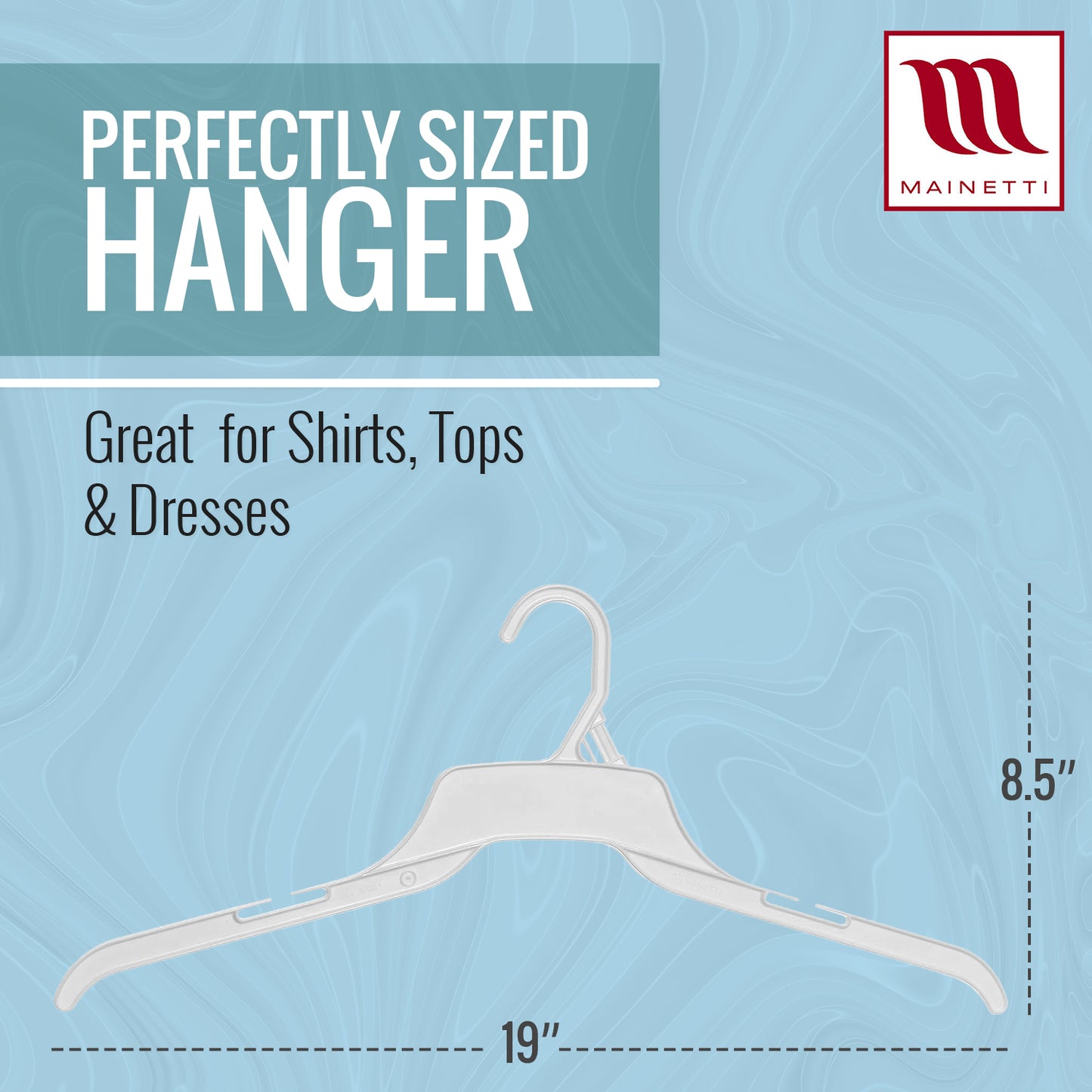 Mainetti 491, 19" Natural all Plastic, Shirt Top Dress Hangers, with notches for straps