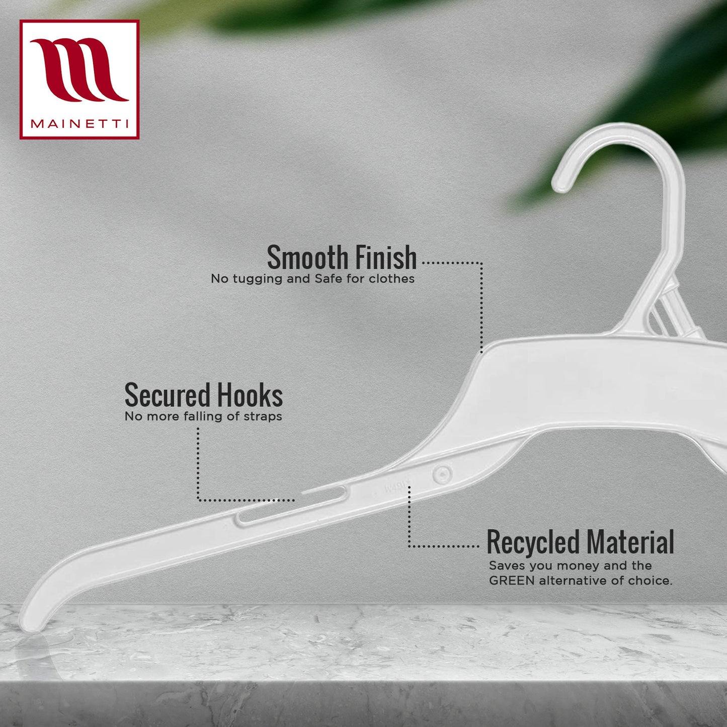 Mainetti 491, 19" Natural all Plastic, Shirt Top Dress Hangers, with notches for straps
