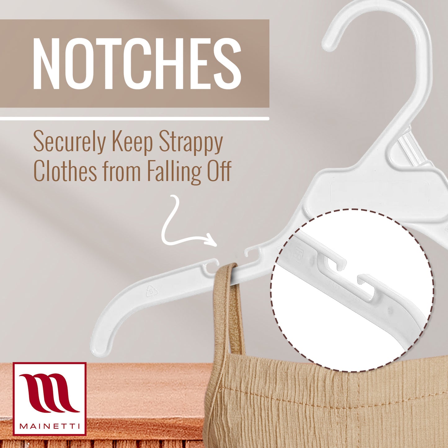 Mainetti 496, 12" White all Plastic, Shirt Top Dress Hangers, with notches for straps