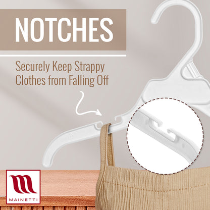 Mainetti 496, 12" White all Plastic, Shirt Top Dress Hangers, with notches for straps