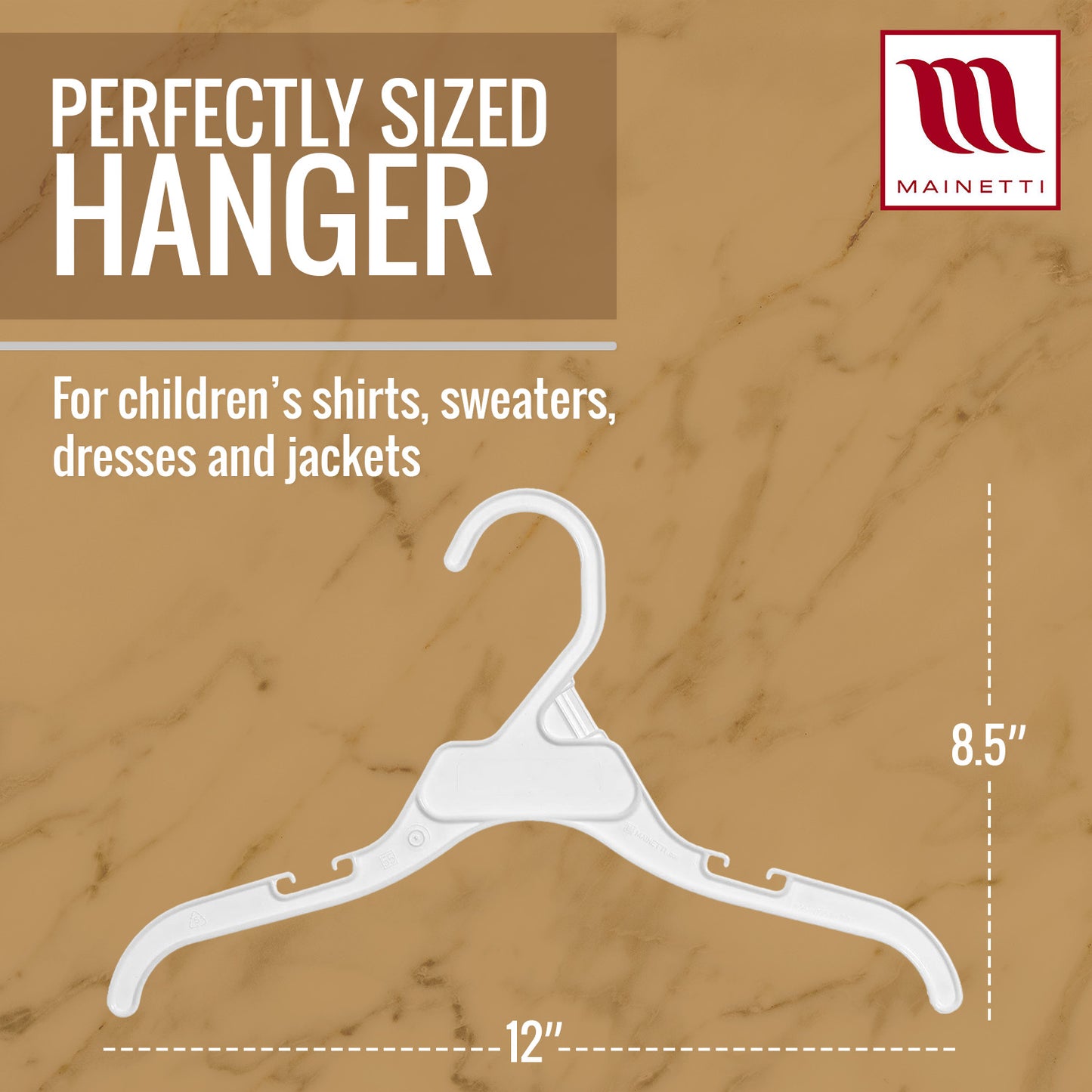 Mainetti 496, 12" White all Plastic, Shirt Top Dress Hangers, with notches for straps