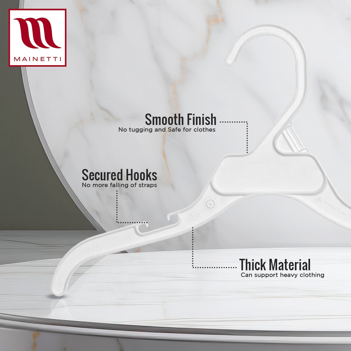 Mainetti 496, 12" White all Plastic, Shirt Top Dress Hangers, with notches for straps