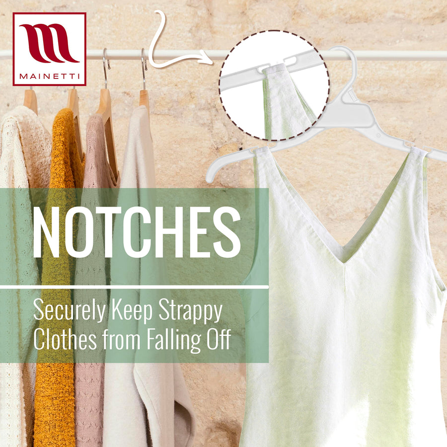 Mainetti 470, 17" White all Plastic, Shirt Top Dress Hangers, with notches for straps