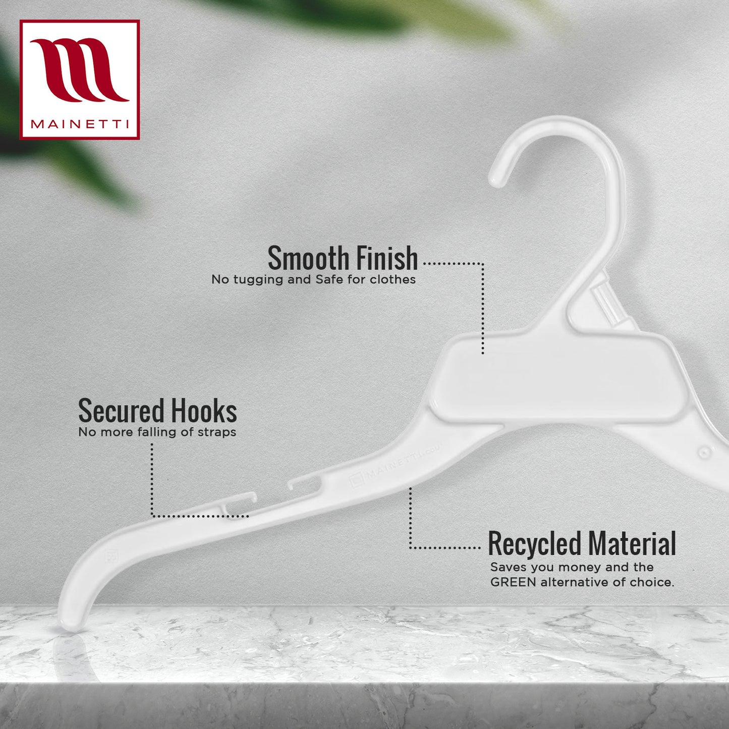 Mainetti 470, 17" White all Plastic, Shirt Top Dress Hangers, with notches for straps