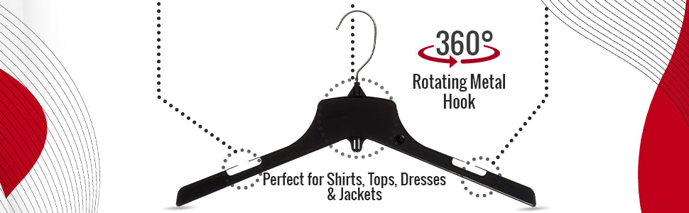 Mainetti 3328, 17" Heavy Duty Black Plastic, Jacket Coat Outerwear Hangers, with standard turnable metal hook