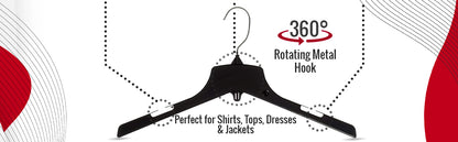 Mainetti 3328, 17" Heavy Duty Black Plastic, Jacket Coat Outerwear Hangers, with standard turnable metal hook