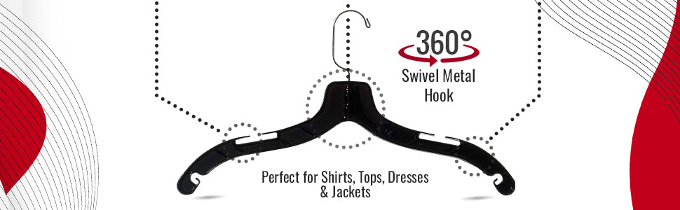 Mainetti 5400, 17" Black Plastic, Shirt Top Dress Hangers, with 360 swivel metal hook and notches for straps