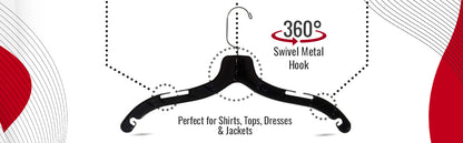Mainetti 5400, 17" Black Plastic, Shirt Top Dress Hangers, with 360 swivel metal hook and notches for straps