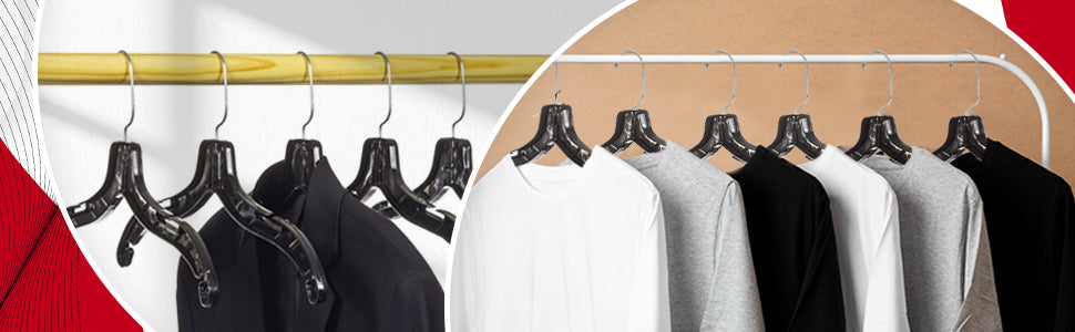 Mainetti 5400, 17" Black Plastic, Shirt Top Dress Hangers, with 360 swivel metal hook and notches for straps