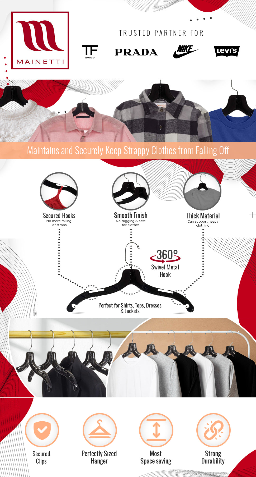 Mainetti 5400, 17" Black Plastic, Shirt Top Dress Hangers, with 360 swivel metal hook and notches for straps