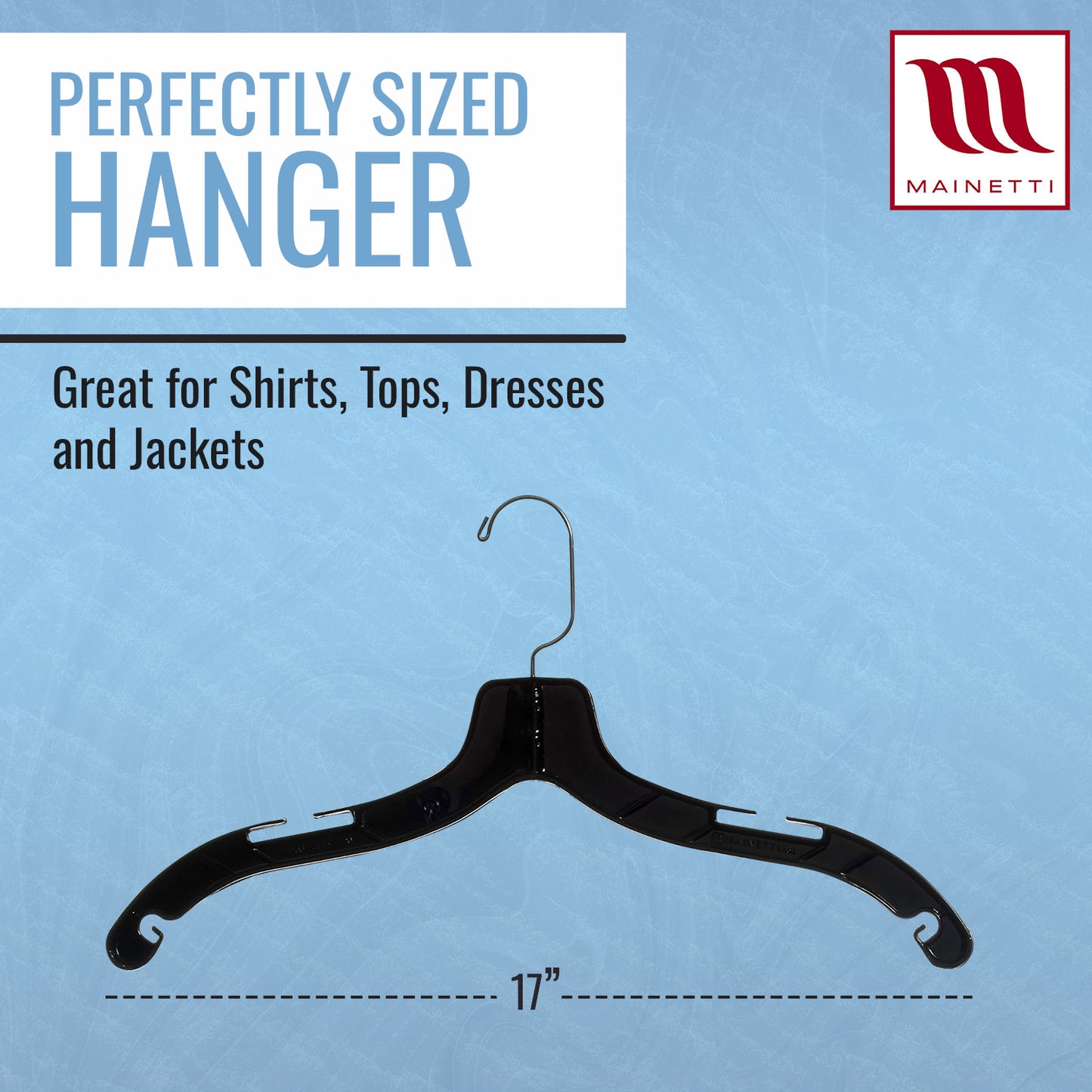 Mainetti 5400, 17" Black Plastic, Shirt Top Dress Hangers, with 360 swivel metal hook and notches for straps