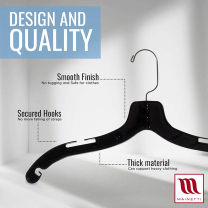 Mainetti 5400, 17" Black Plastic, Shirt Top Dress Hangers, with 360 swivel metal hook and notches for straps