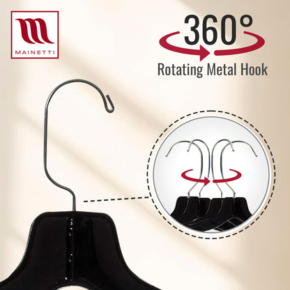 Mainetti 5400, 17" Black Plastic, Shirt Top Dress Hangers, with 360 swivel metal hook and notches for straps