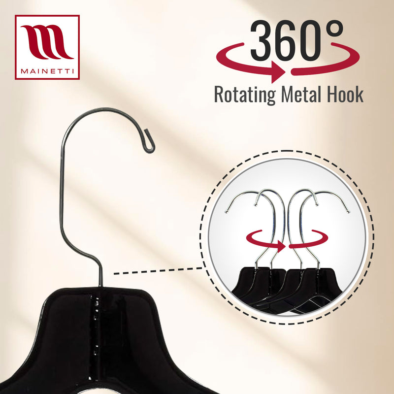 Mainetti 5400, 17" Black Plastic, Shirt Top Dress Hangers, with 360 swivel metal hook and notches for straps