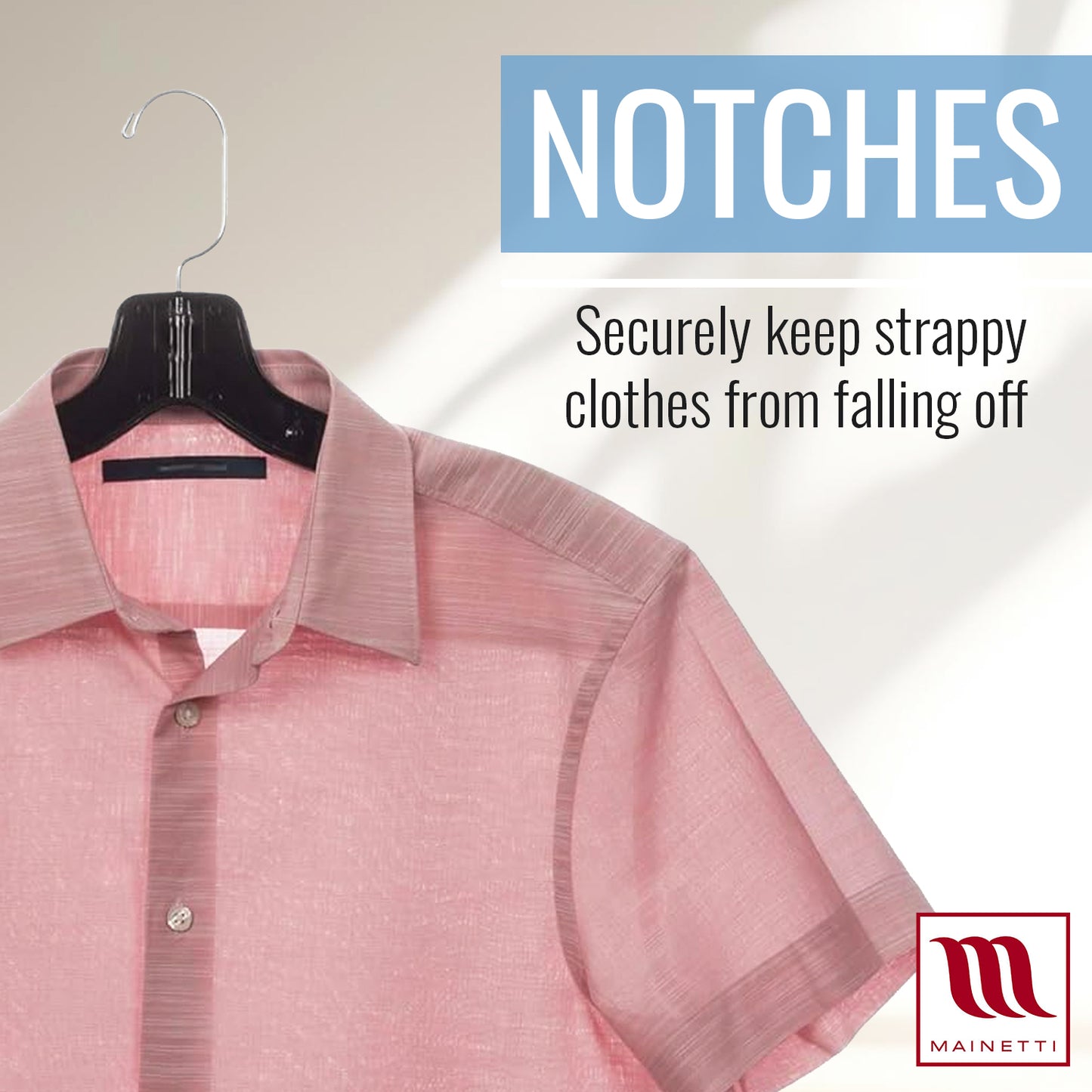 Mainetti 5400, 17" Black Plastic, Shirt Top Dress Hangers, with 360 swivel metal hook and notches for straps