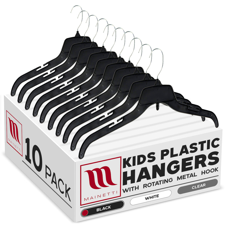 Mainetti 485, 15" Black Plastic, Shirt Top Dress Hangers, with turnable metal hook and notches for straps