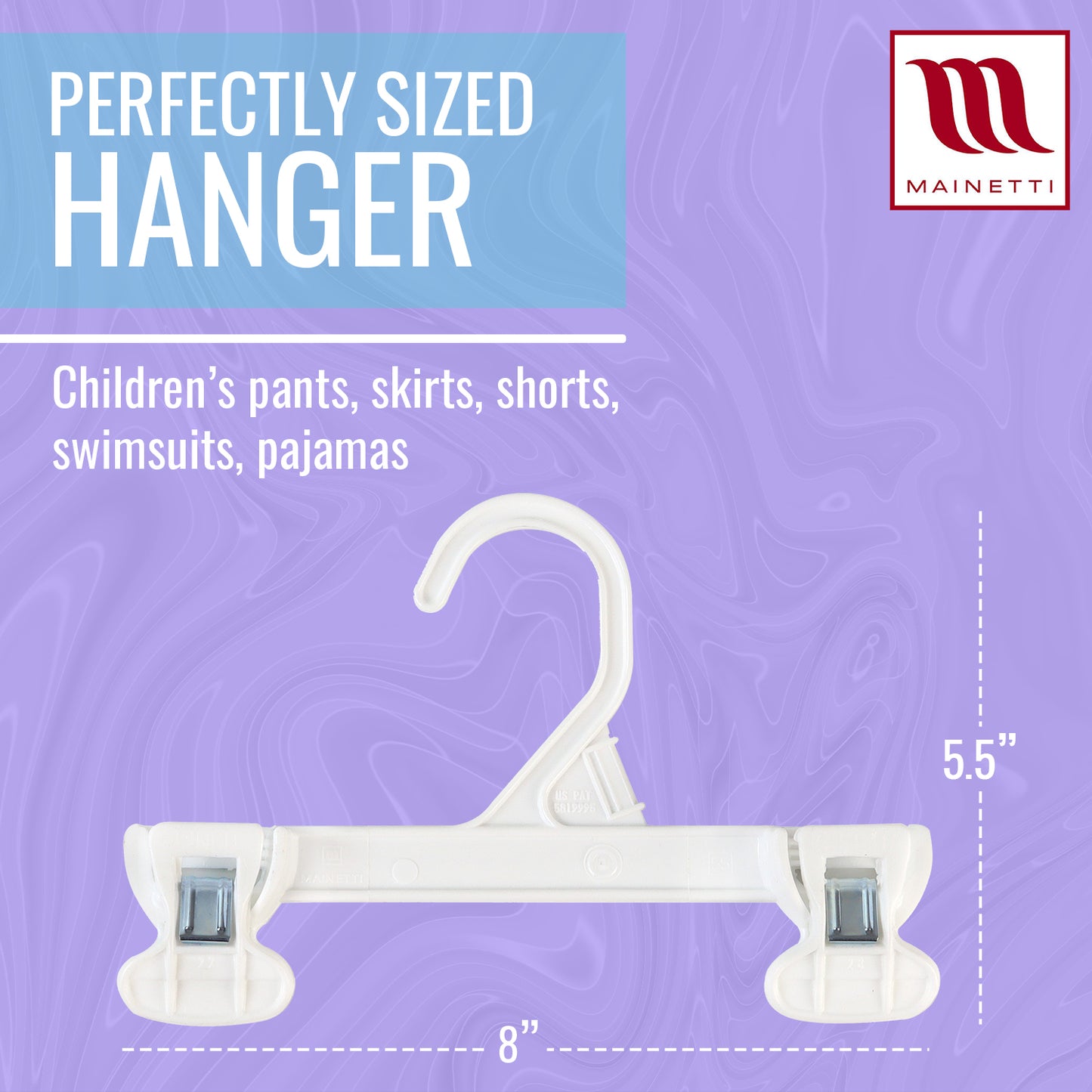 Mainetti 6108, 8" White all Plastic, Pant Skirt Slack Bottom Hangers, with sturdy plastic non-slip clips