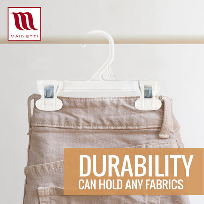 Mainetti 6108, 8" White all Plastic, Pant Skirt Slack Bottom Hangers, with sturdy plastic non-slip clips