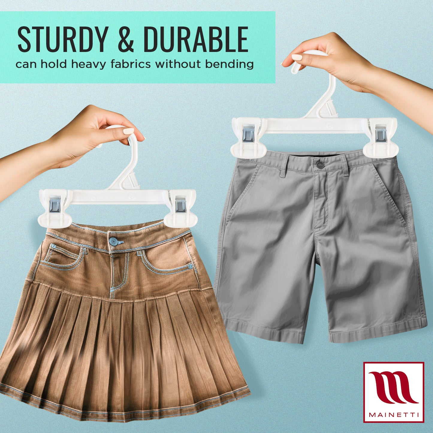 Mainetti 6108, 8" White all Plastic, Pant Skirt Slack Bottom Hangers, with sturdy plastic non-slip clips