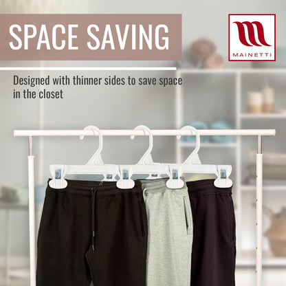 Mainetti 6108, 8" White all Plastic, Pant Skirt Slack Bottom Hangers, with sturdy plastic non-slip clips
