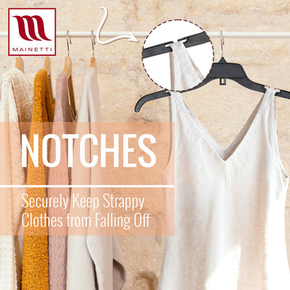 Mainetti 484, 17" NEW Black Plastic, Shirt Top Dress Hangers, with turnable metal hook and notches for straps