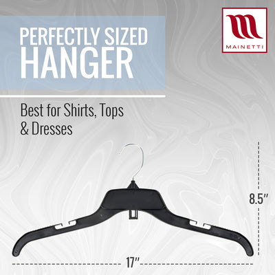 Mainetti 484, 17" NEW Black Plastic, Shirt Top Dress Hangers, with turnable metal hook and notches for straps