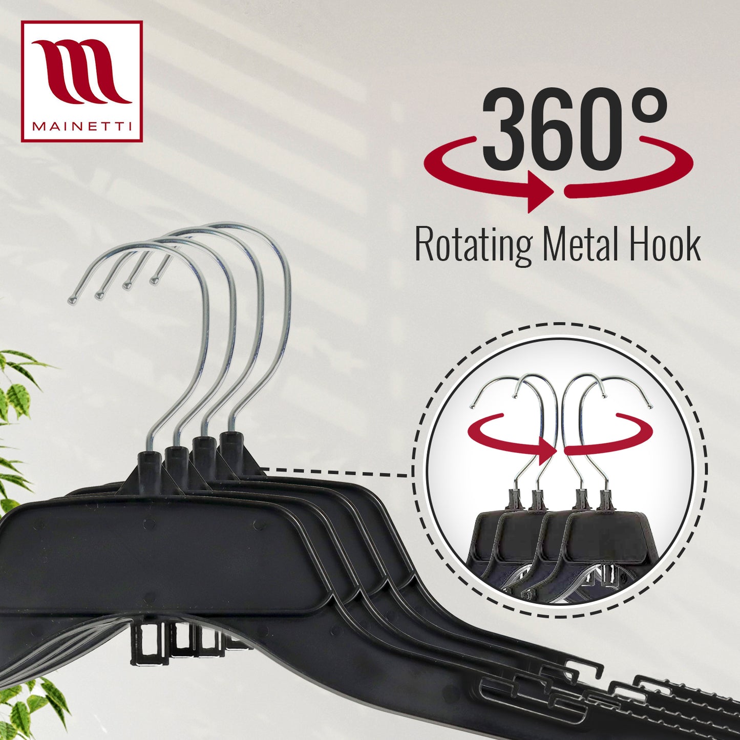 Mainetti 484, 17" NEW Black Plastic, Shirt Top Dress Hangers, with turnable metal hook and notches for straps