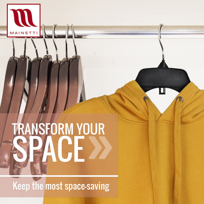 Mainetti 484, 17" NEW Black Plastic, Shirt Top Dress Hangers, with turnable metal hook and notches for straps