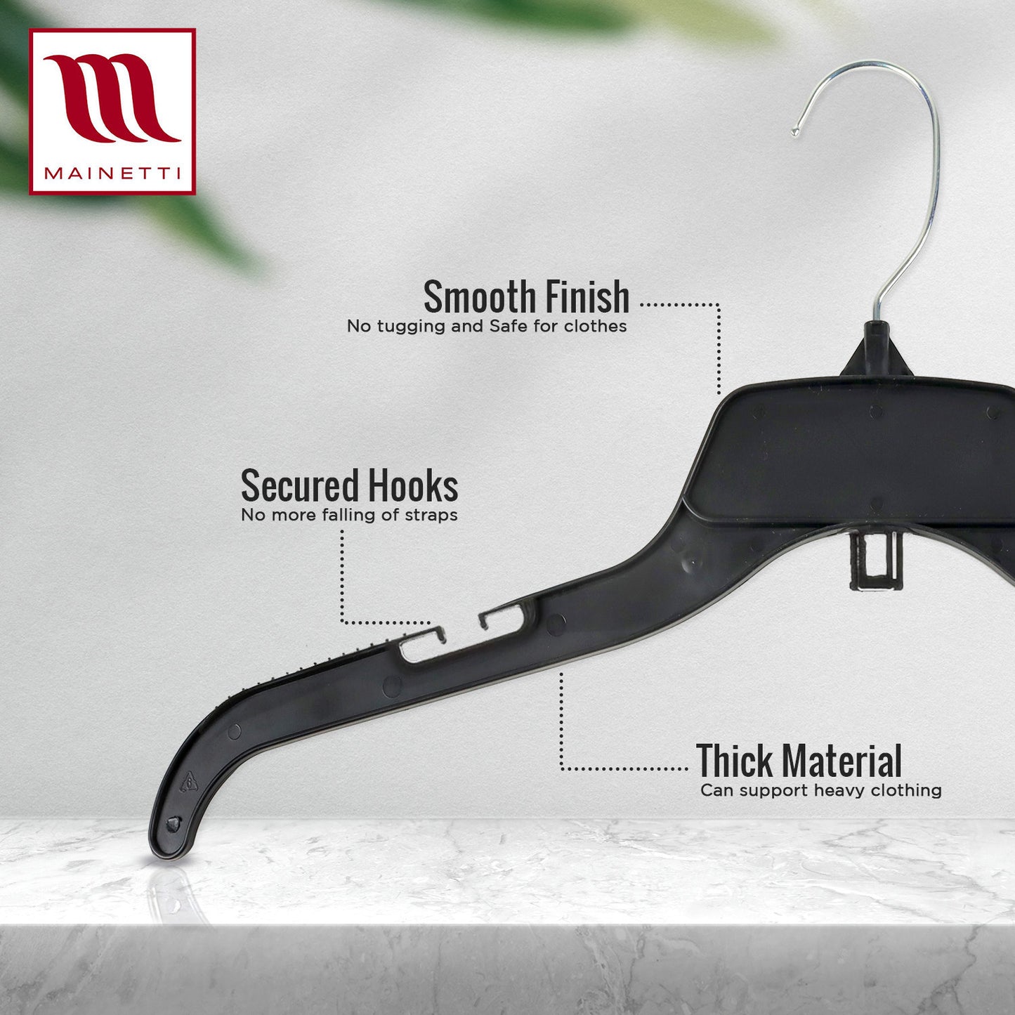 Mainetti 484, 17" NEW Black Plastic, Shirt Top Dress Hangers, with turnable metal hook and notches for straps