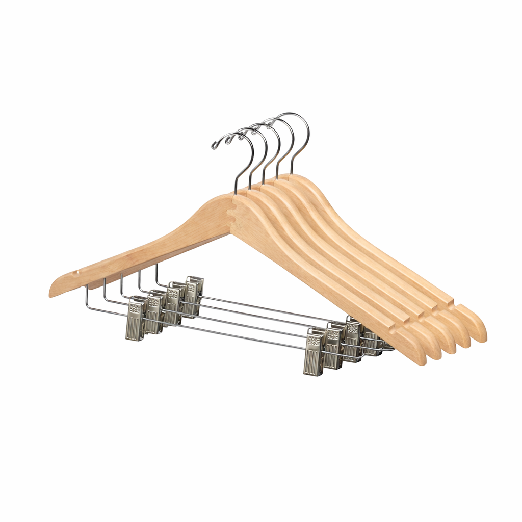 17" Contoured Wooden Suit Hanger with Metal Clips