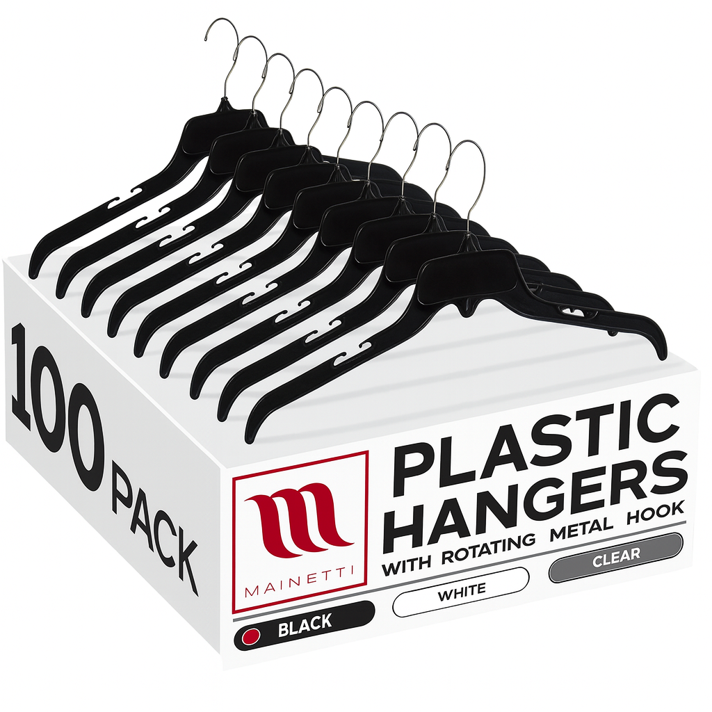 479, Recycle CG Type, 19" Black Plastic, Shirt Top Dress Hangers, with metal hook and notches for straps