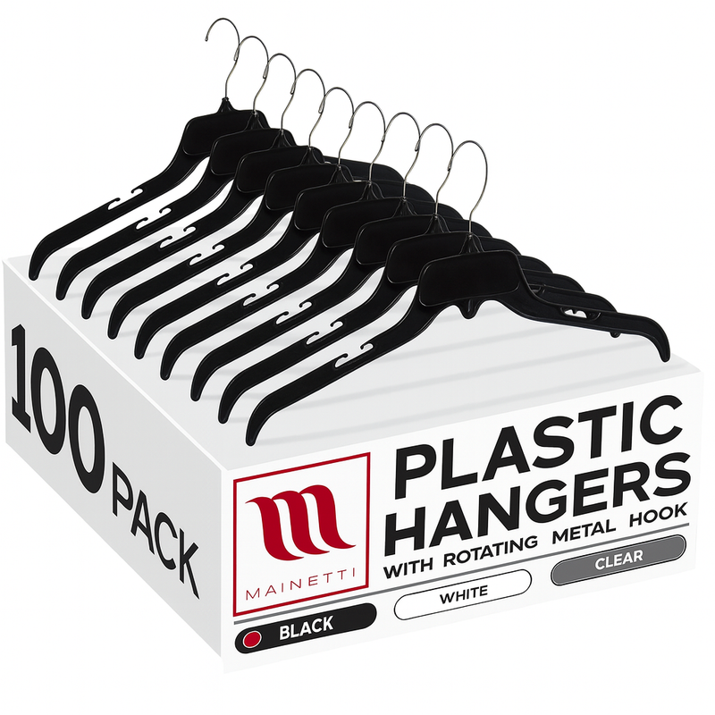 479, Recycle CG Type, 19" Black Plastic, Shirt Top Dress Hangers, with metal hook and notches for straps