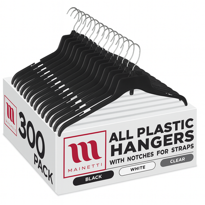 Mainetti 479CG, New 19" Black Plastic, Shirt Top Dress Hangers, with metal hook and notches for straps