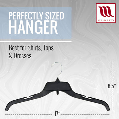 Mainetti 484  17" REUSE Black Plastic, Shirt Top Dress Hangers, with turnable metal hook and notches for straps