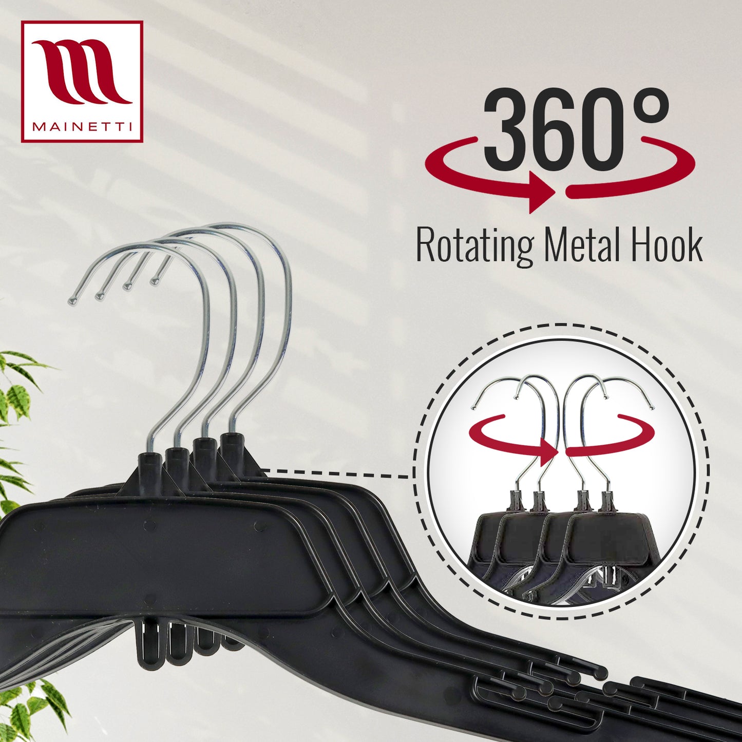 Mainetti 484 17" REUSE Black Plastic, Shirt Top Dress Hangers, with turnable metal hook and notches for straps