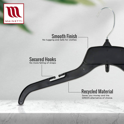 Mainetti 484 17" REUSE Black Plastic, Shirt Top Dress Hangers, with turnable metal hook and notches for straps