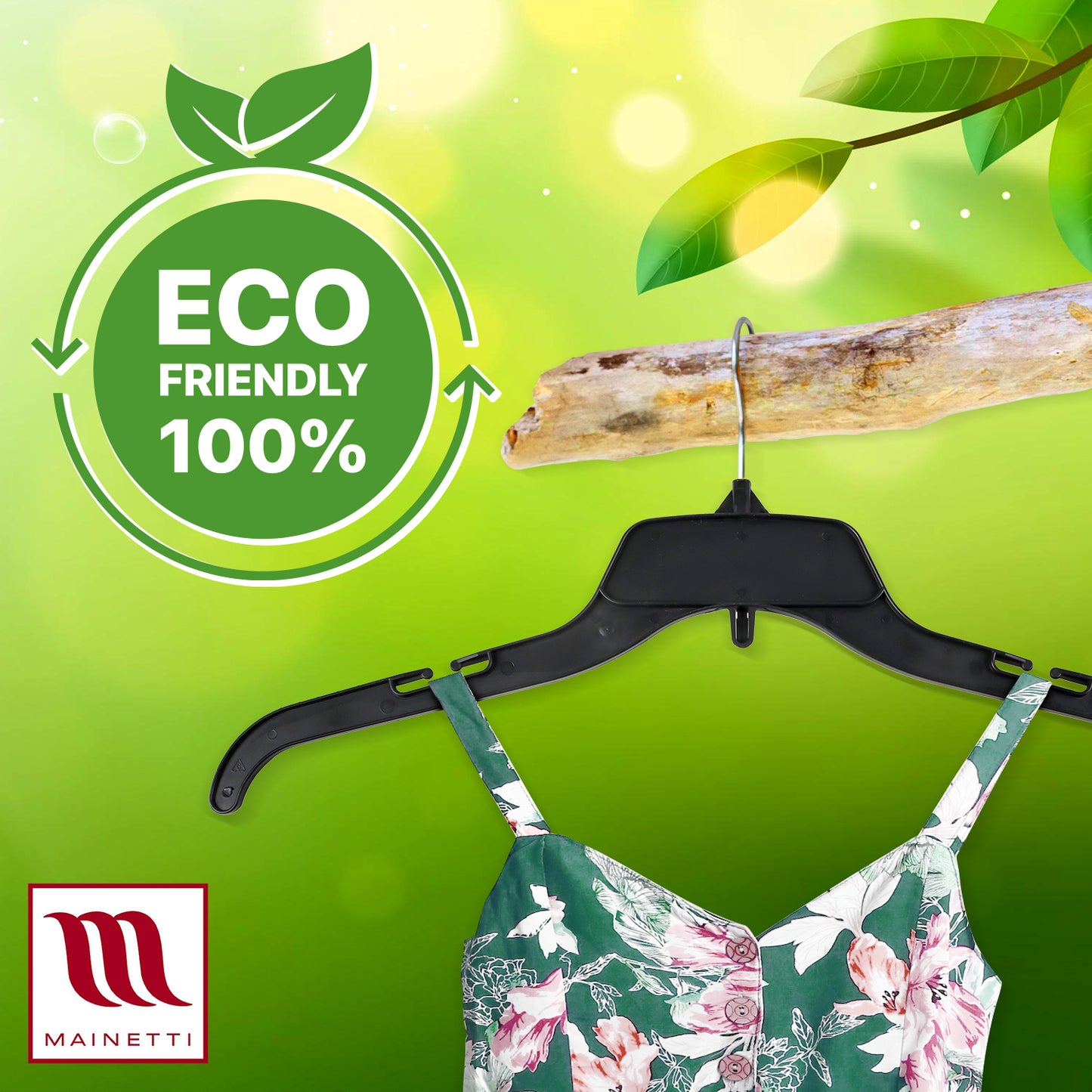 Mainetti 484 17" REUSE Black Plastic, Shirt Top Dress Hangers, with turnable metal hook and notches for straps