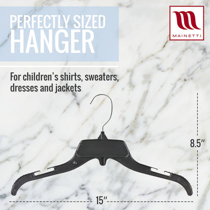 Mainetti 485, 15" Black Plastic, Shirt Top Dress Hangers, with turnable metal hook and notches for straps