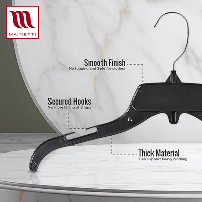 Mainetti 485, 15" Black Plastic, Shirt Top Dress Hangers, with turnable metal hook and notches for straps