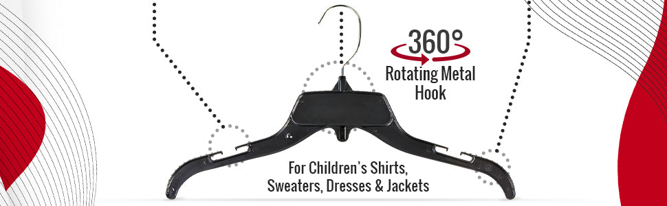 Mainetti 485, 15" Black Plastic, Shirt Top Dress Hangers, with turnable metal hook and notches for straps