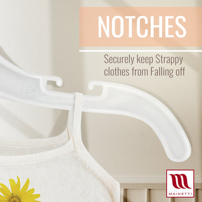 10" White all Plastic, Shirt Top Dress Hangers, with notches for straps (Mainetti 495)