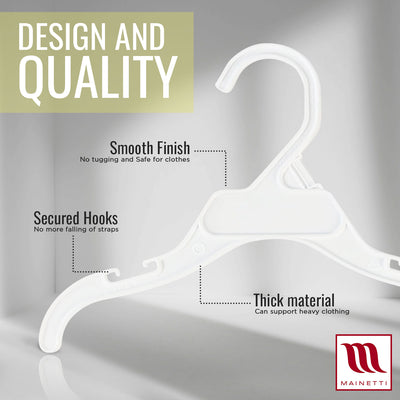 Mainetti 495, 10" White all Plastic, Shirt Top Dress Hangers, with notches for straps