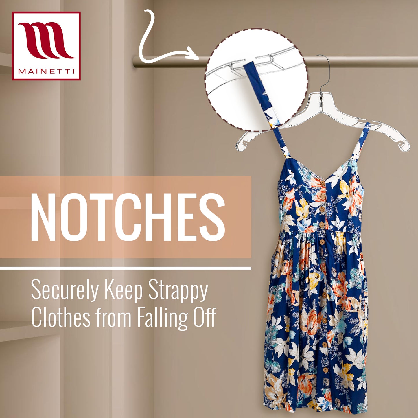 17" Clear Plastic Shirt-Top Dress Hangers, 360° Swivel Metal Hook, Notches For Straps (Mainetti 5400)