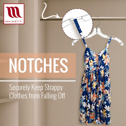 17" Clear Plastic Shirt-Top Dress Hangers, 360° Swivel Metal Hook, Notches For Straps (Mainetti 5400)